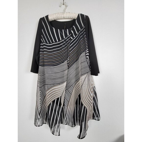 IC by Connie K Womens Black White Mixed Striped Asymmetrical Tunic Top Medium - Picture 1 of 8